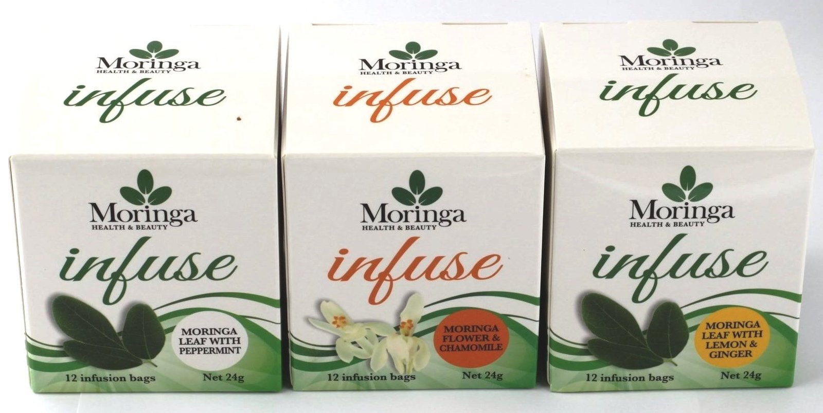 AUSTRALIAN Moringa 3 pack Tea Bags - Moringa FLOWERS+Charmomile plus Moringa LEAF+Ginger & Lemon plus Moringa LEAF+Peppermint - 36 bags