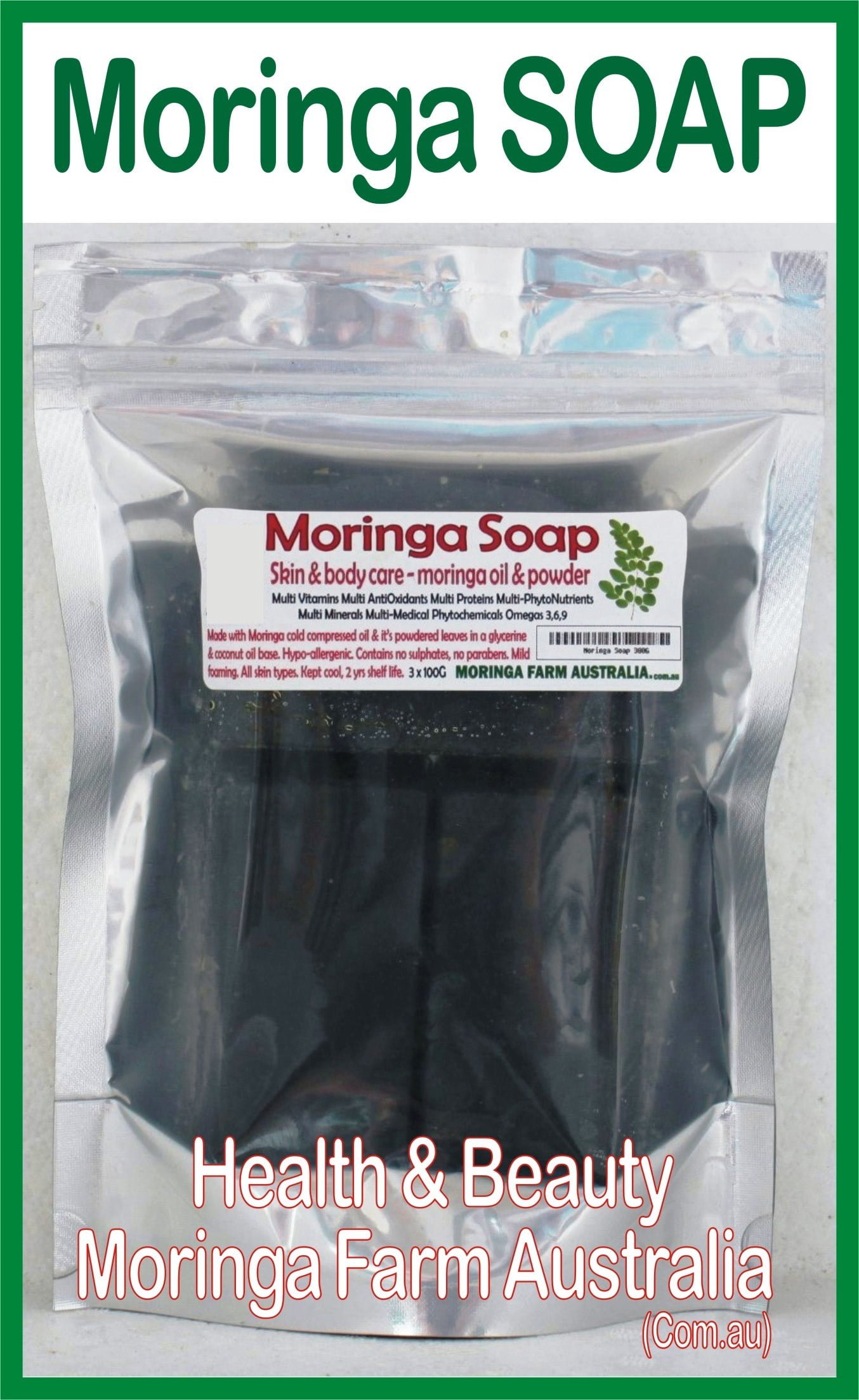 AUSTRALIAN Moringa SOAP 3 X 100G - Moringa seed oil & ground leaf prep.