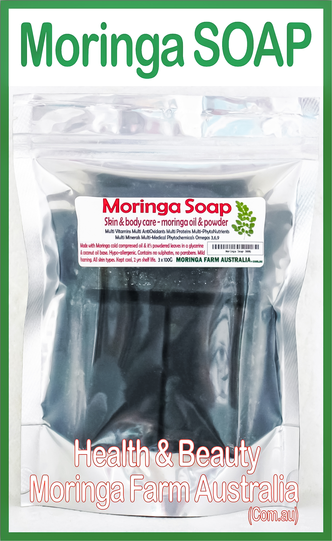 AUSTRALIAN Moringa SOAP 3 X 100G - Moringa seed oil & ground leaf prep.