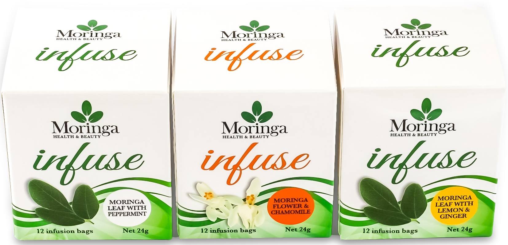 AUSTRALIAN Moringa 3 pack Tea Bags - Moringa FLOWERS+Charmomile plus Moringa LEAF+Ginger & Lemon plus Moringa LEAF+Peppermint - 36 bags
