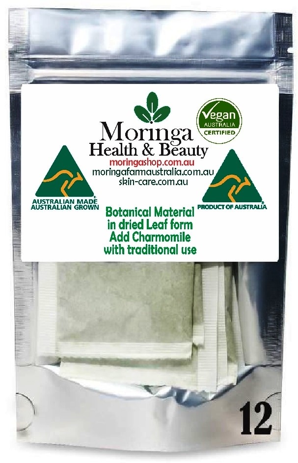 Australian Moringa Botanical Material (Infusion Bag Format) – 2g x 12 units, combined with chamomile plant material as part of the botanical composition Raw agricultural product with traditional use