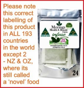 Australian Moringa Botanical Material (Infusion Bag Format) – 2g x 12 units, combined with CHARMOMILE plant material as part of the botanical composition Raw agricultural product with traditional use