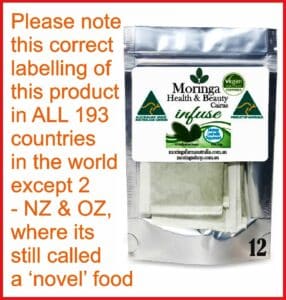 Australian Moringa Botanical Material (Infusion Bag Format) – 2g x 12 units, combined with Peppermint plant material as part of the botanical composition Raw agricultural product with traditional use