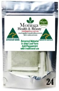 Australian Moringa Botanical Material (Infusion Bag Format) – 2g x 24 units, combined with Peppermint plant material as part of the botanical composition Raw agricultural product with traditional use